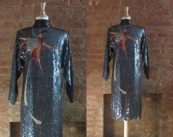 1980s silk sequin beaded art deco cocktail dress | 70's 80's Studio 54 High Fashion Glamour | Dominique Deveraux