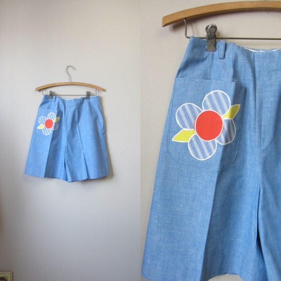 1960s flower patch chambray shorts | 60's Mid Cen… - image 1