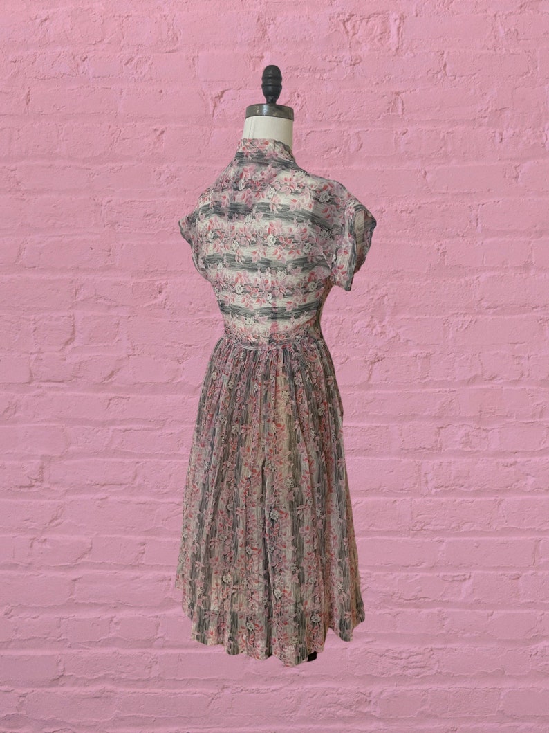 1950s voile semi sheer floral print dress 40's 50's mid century image 6