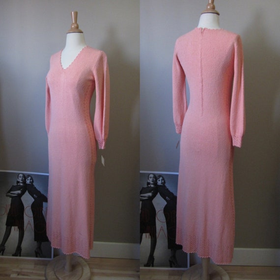1970s pink pointelle knit maxi dress