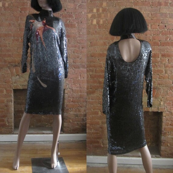 1980s silk sequin beaded art deco cocktail dress … - image 3