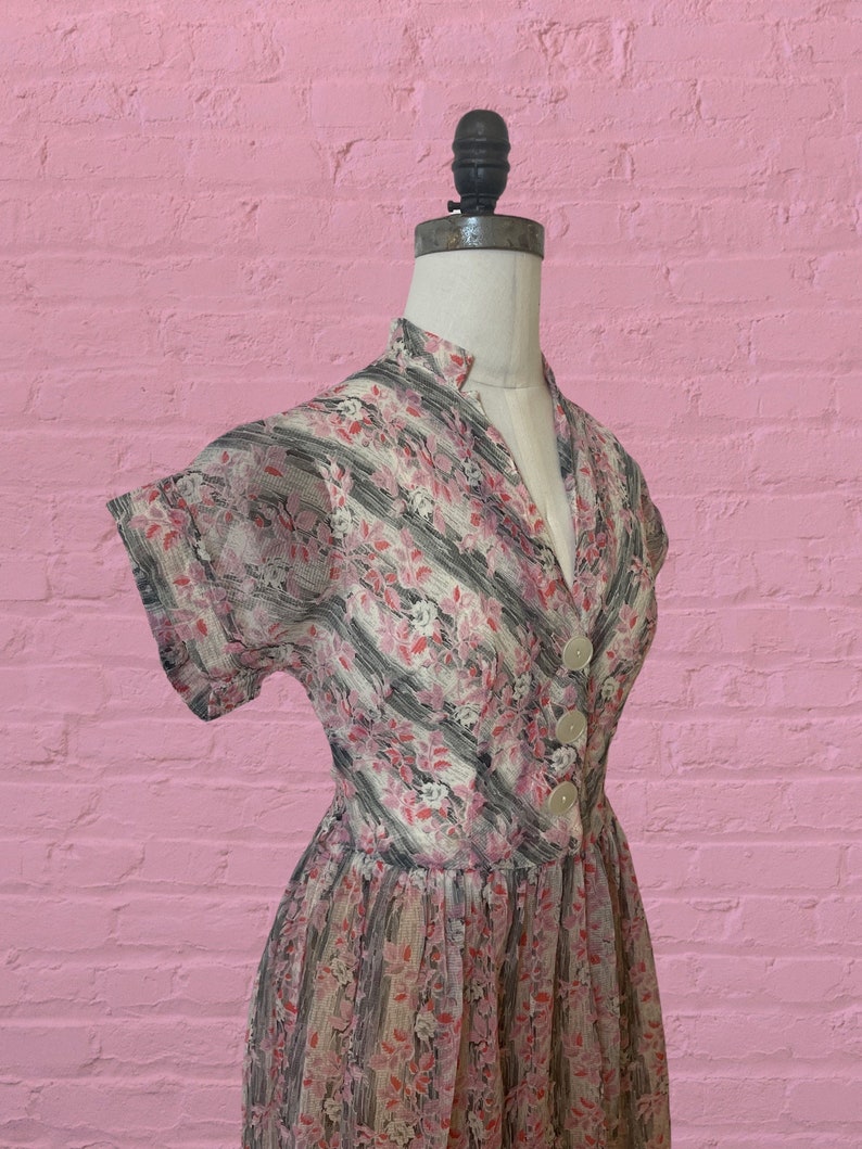 1950s voile semi sheer floral print dress 40's 50's mid century image 9