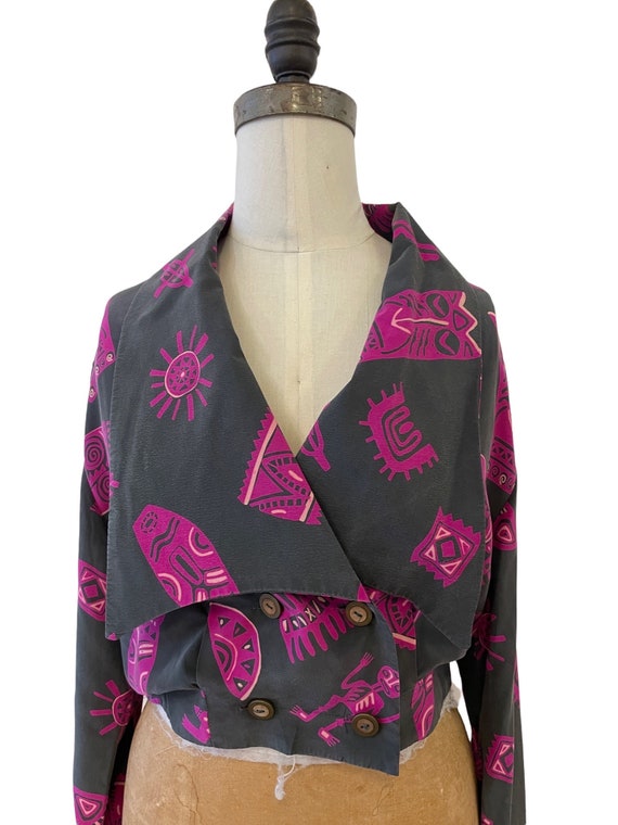 1990s silk tribal mask print blouse - image 4