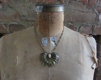 1930s art deco brass leaves and cameo necklace • Lady Feathers