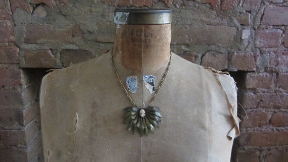 1930s art deco brass leaves and cameo necklace • … - image 1