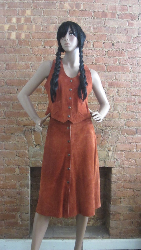 1970s rust brown suede vest & skirt set | 70's Bo… - image 2