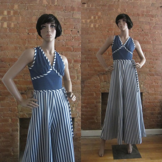 1970s nautical stripe palazzo jumpsuit
