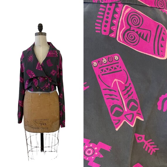 1990s silk tribal mask print blouse - image 1