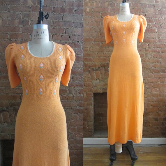 1970s pretty peach knit 1930s inspired maxi dress
