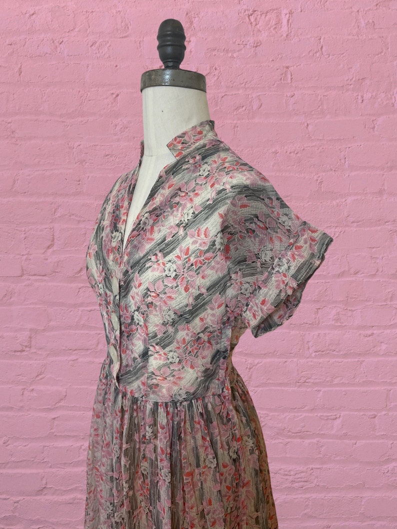 1950s voile semi sheer floral print dress 40's 50's mid century image 5