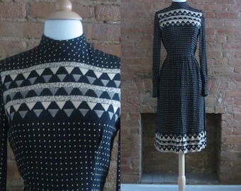 1970s Mollie Parnis polka dot dress | 70's Designer Secretary High Fashion Runway