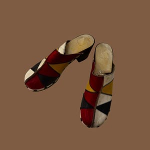 1970s multi colored patchwork leather clogs | 70's boho hippie