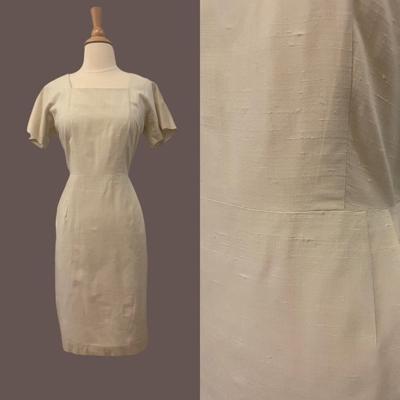 1950s beige wiggle dress • 50's mid century dress - image 1