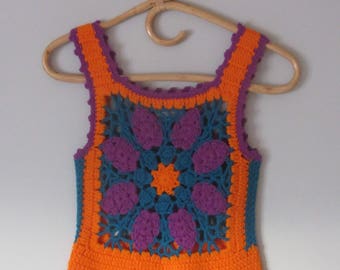 1970s orange & purple granny squares crochet crop top | 70's Boho Hippie Tank Top