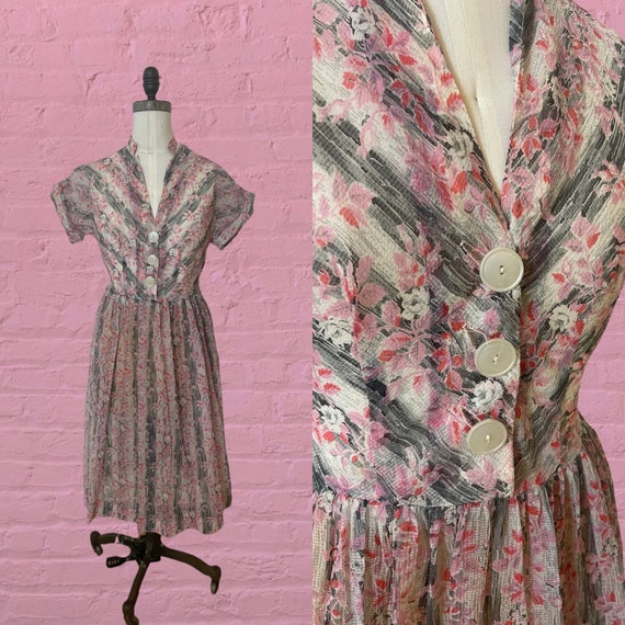 1950s voile semi sheer floral print dress • 40's … - image 1