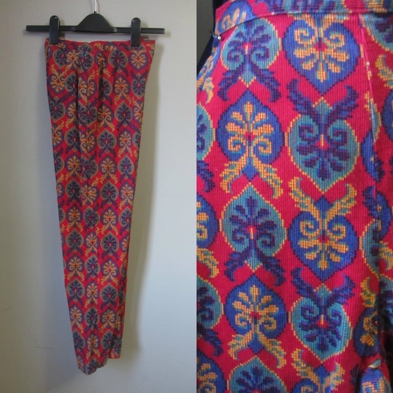 1960s Red Paisley Corduroy slim cigarette pants