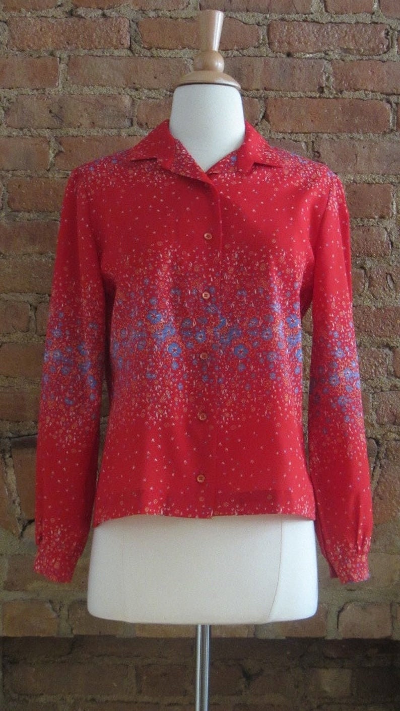 1970s Lanvin red tropical floral blouse 70's High Fashion Boho Chic image 2