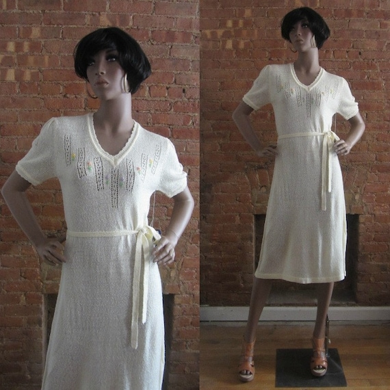 1970s cream boucle knit dress | 70's does 30's 40'