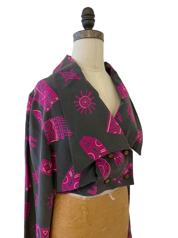 1990s silk tribal mask print blouse - image 6