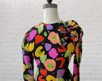 Robe Vintage Louis Feraud - Imprimé Graphique Noir Années 80 - Taille M - Manches Longues - Soie