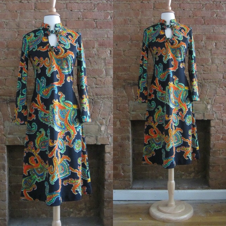 1970s black paisley print dress 70's Retro Groovy Psychedelic image 1