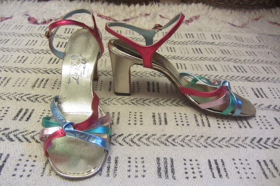 1960s Joseph Larose colorful metallic leather hee… - image 1