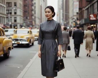 Vestido gris con efecto ondulado de Mr. Mort, década de 1950 • Vestido de mediados de siglo de los años 50
