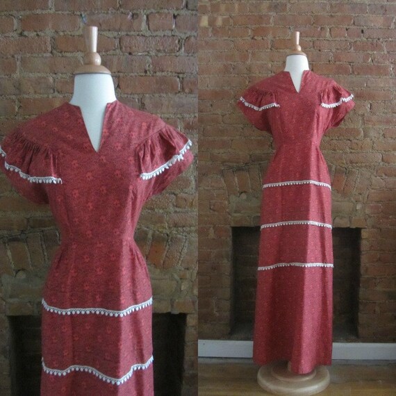 1940s brick red floral cotton dress | 30's 40's no