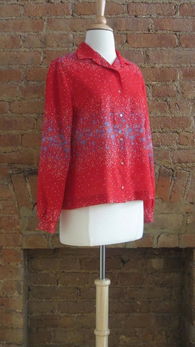 1970s Lanvin red tropical floral blouse 70's High Fashion Boho Chic image 3