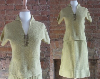 1950s Kimberly buttercup yellow wool knit skirt set | 50's Mid Century Classic