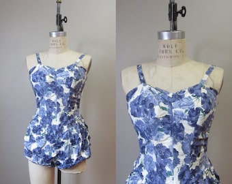 1950s Rose Marie Reid blue floral maillot swimsuit | 50's Retro Old Hollywood Pin Up Bathing Suit