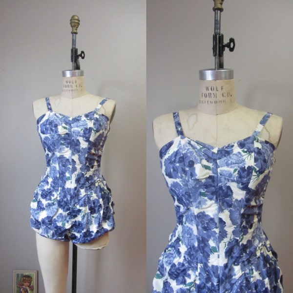 1950s Rose Marie Reid blue floral maillot swimsuit | 50's Retro Old Hollywood Pin Up Bathing Suit