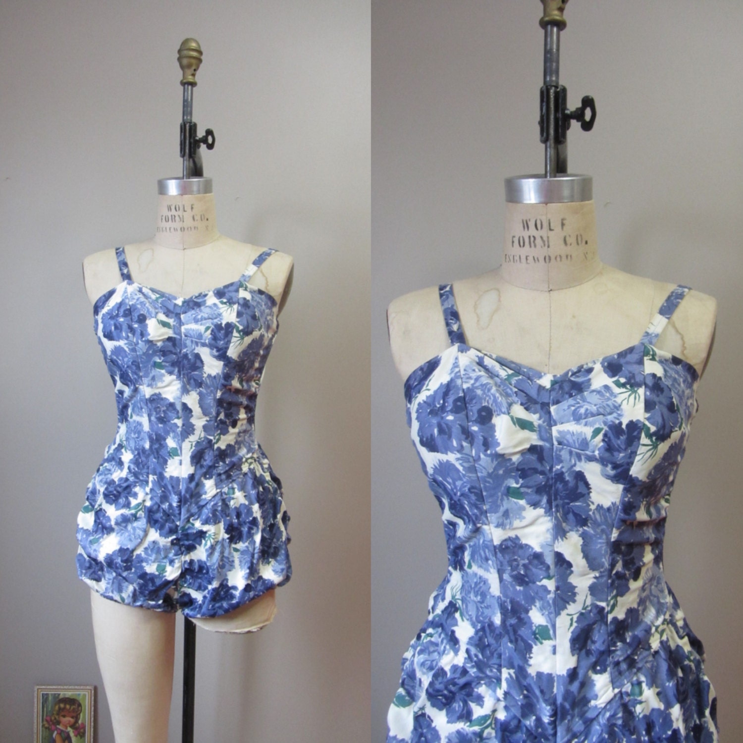 1950s Rose Marie Reid Blue Floral Maillot Swimsuit 50's Retro Old ...