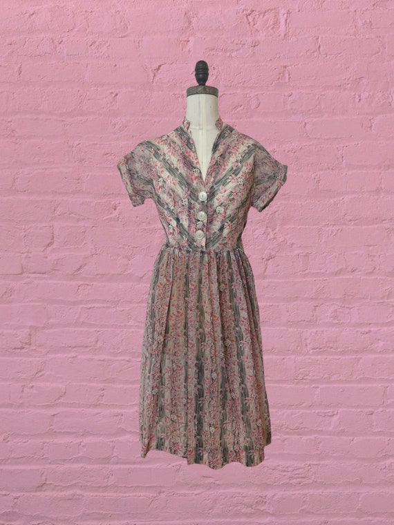 1950s voile semi sheer floral print dress • 40's … - image 3