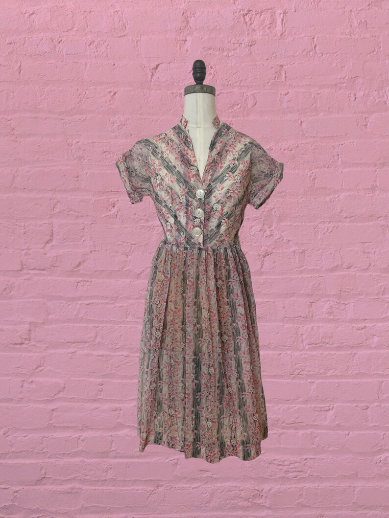 1950s voile semi sheer floral print dress 40's 50's mid century image 3