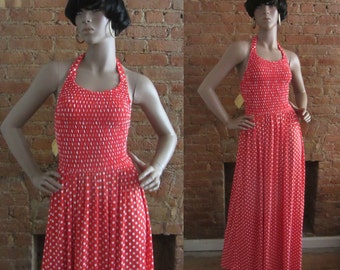 1970s red polka dot maxi dress | 70's summer halter dress | S