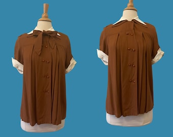 1940s maternity blouse | 40s 50s retro mid century brown shirt