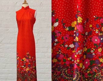 1970s cherry red cheongsam style maxi dress | 70's retro groovy