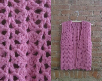 1960s pink crochet knit vest | 60's hippie flower child