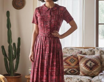 1960s berry red rockabilly abstract print shirtdress • 60's mid century