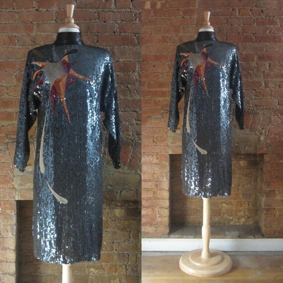 1980s silk sequin beaded art deco cocktail dress … - image 1
