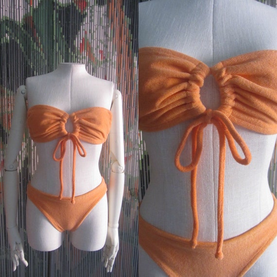 1970s orange crush bikini - 70s terry cloth two pi