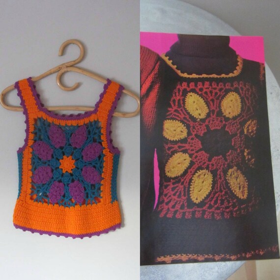 1970s orange & purple granny squares crochet crop