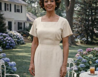 Vestido beige con efecto ondulado de los años 50 • Vestido de mediados de siglo de los años 50