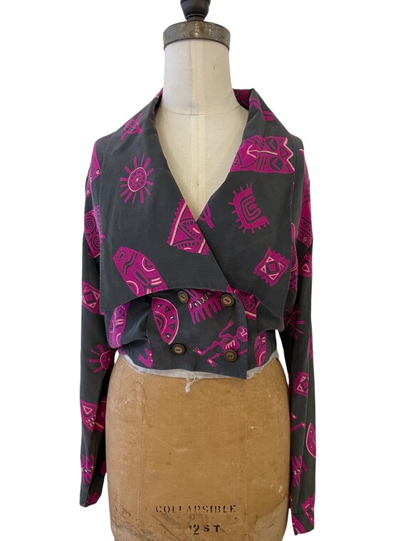 1990s silk tribal mask print blouse - image 2