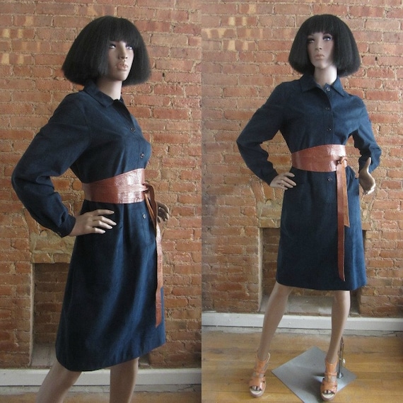 1970s Halston midnight blue ultrasuede dress