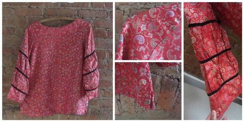 1950s red brocade silk blouse 50's Bombshell Pinup MCM Glamour image 5