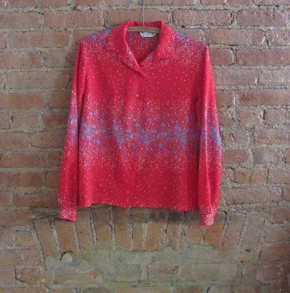 1970s Lanvin Red Tropical Floral Blouse 70
