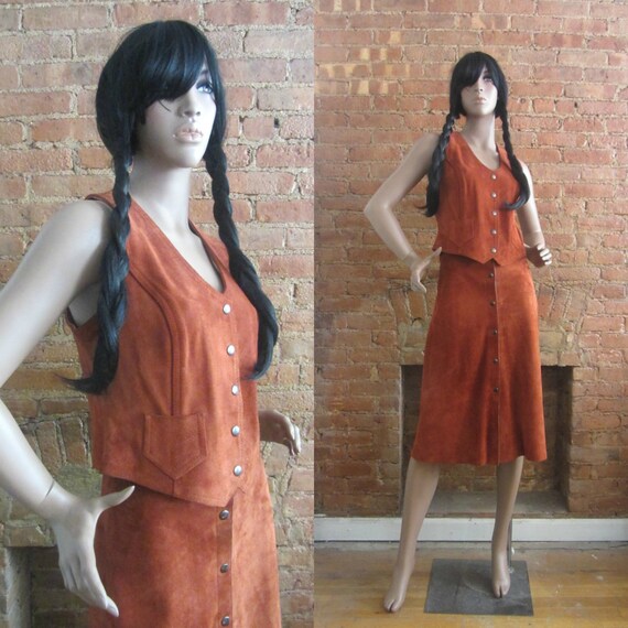 1970s rust brown suede vest & skirt set | 70's Boh