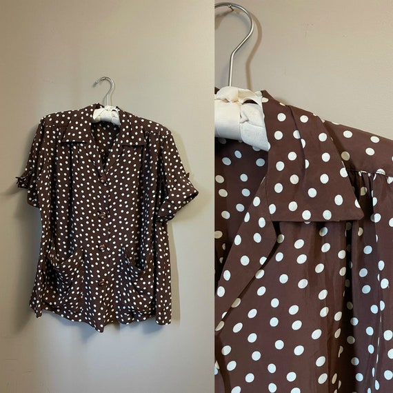 1940s polka dot blouse | 40s brown shirt